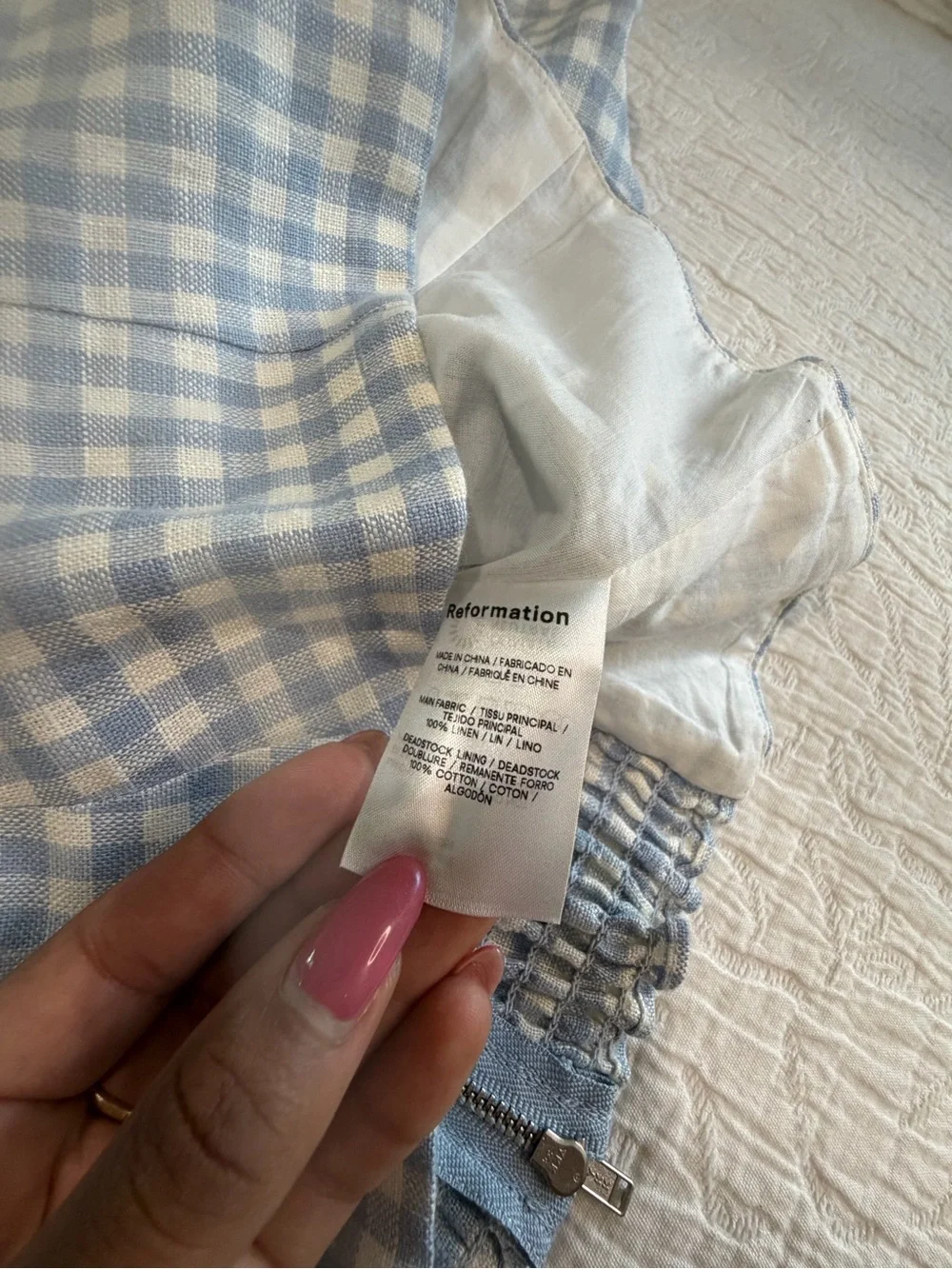 Reformation Light Blue Gingham Puff-Sleeve Square Neck Blouse
